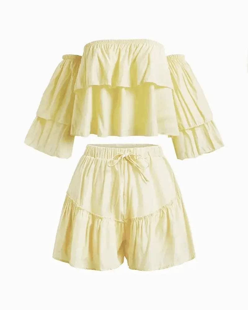Off shoulder bell sleeve ruffle hem top shorts set