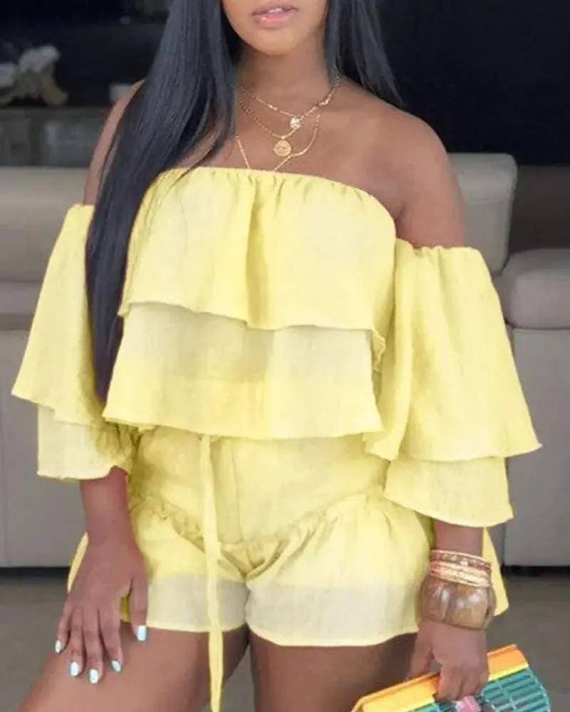Off shoulder bell sleeve ruffle hem top shorts set