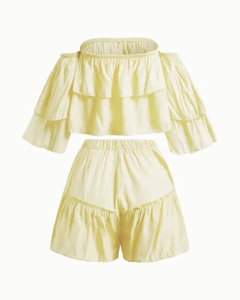 Off shoulder bell sleeve ruffle hem top shorts set