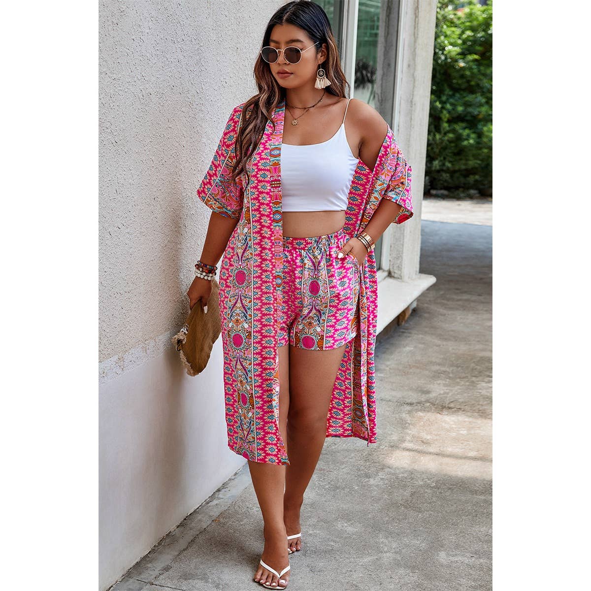 Plus Size Two Pieces Printed Elastic Waist Sets